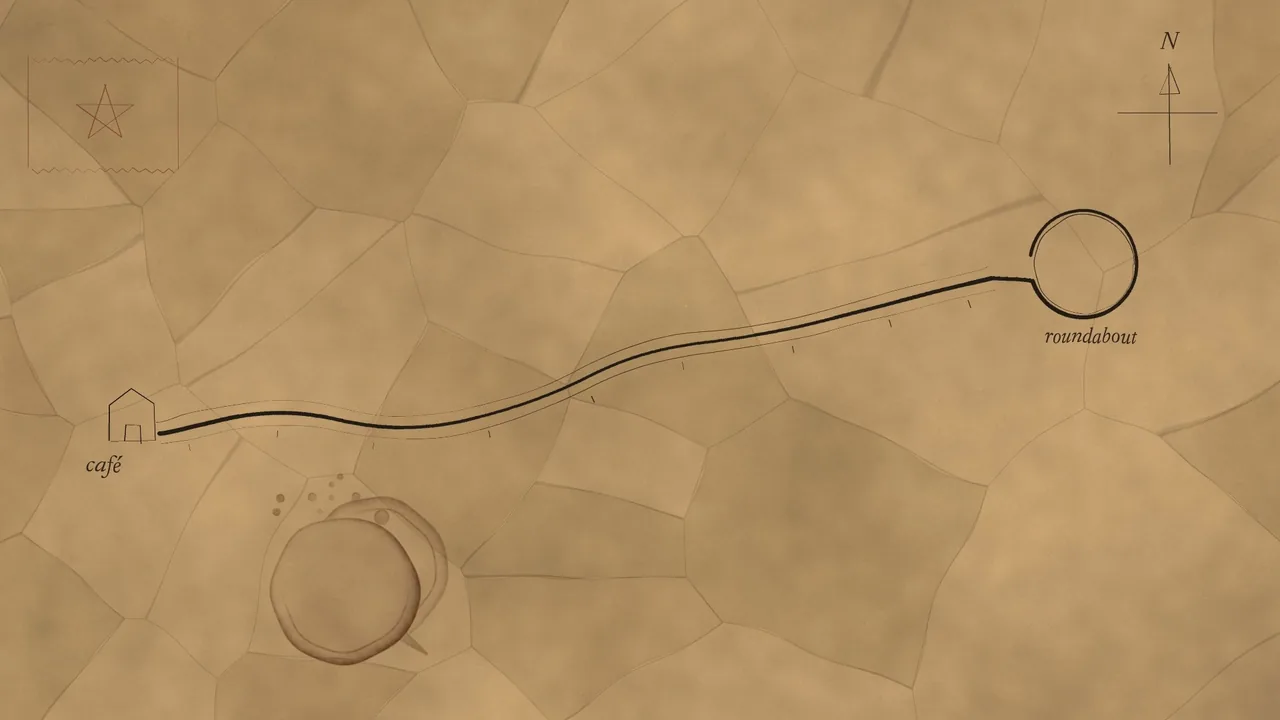 A hand-drawn map: a pencilled route from a café to a roundabout, beside a coffee stain.