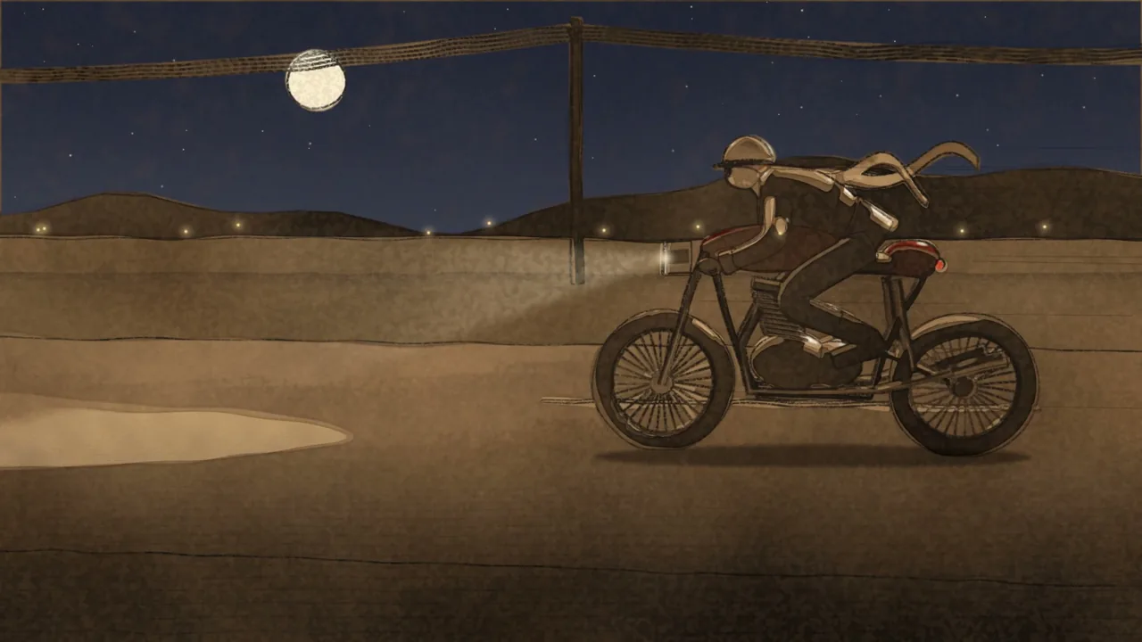 A rider on a café racer at night under a full moon.
