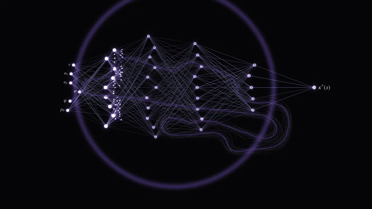 A neural network drawn in light, feeding a racing line.